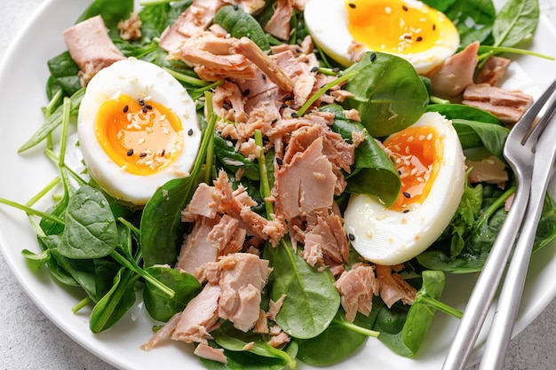 Close up Tuna vegetable salad with boiled egg and spinach on white plate Keto diet healthy food