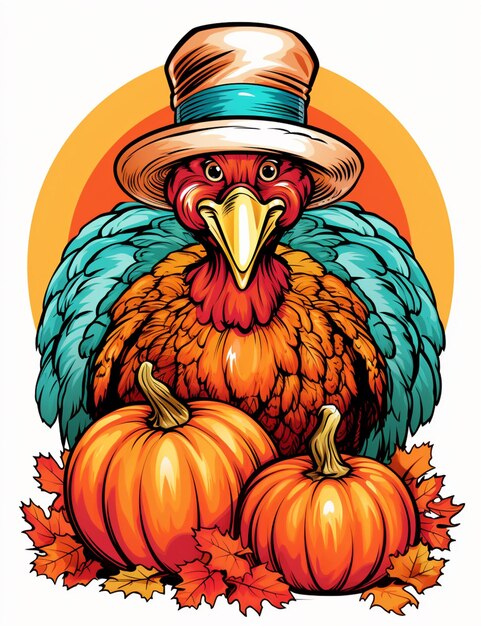 A close up of a turkey wearing a hat and holding two pumpkins generative ai