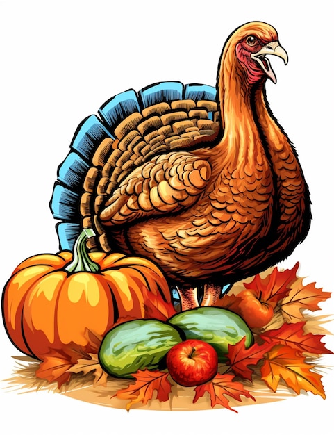 Photo a close up of a turkey with a pumpkin and squash generative ai