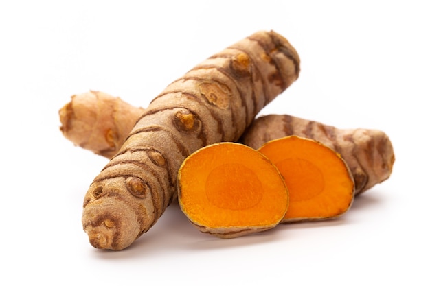 Close up Turmeric, Curcuma longa Linn, rhizome isolated on white surface.