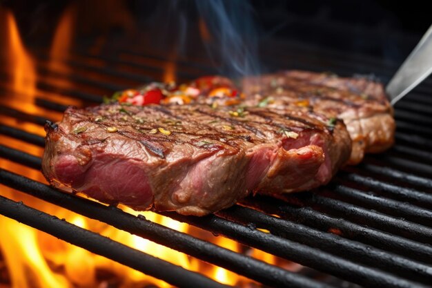 Close up of turning a beef steak on a hot grill