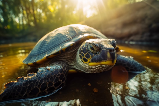 Close up of turtle on body of water with trees in the background Generative AI