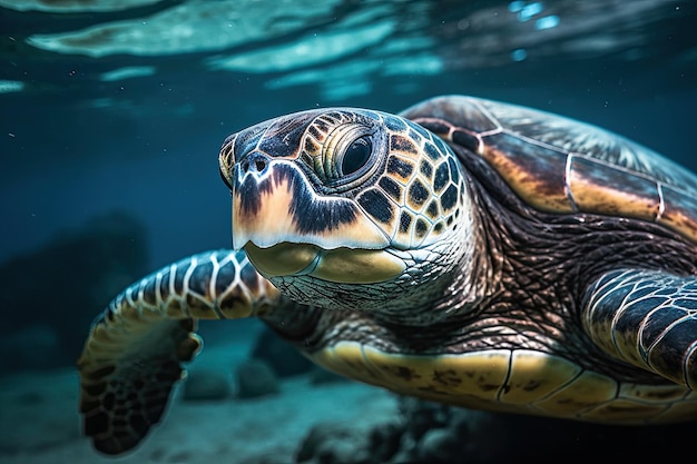 A close up of a turtle swimming in the water