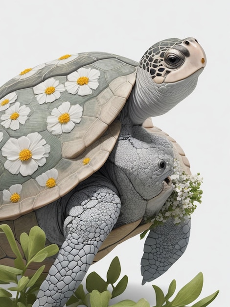 A close up of a turtle with flowers on a white