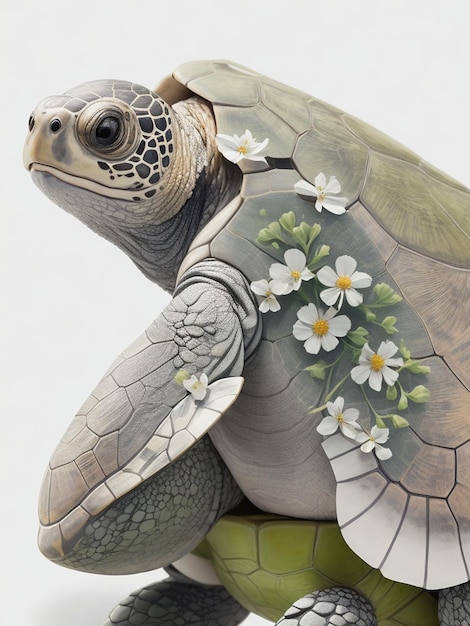 A close up of a turtle with flowers on a white