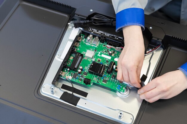 Close-up of the TV assembly worker at the factory