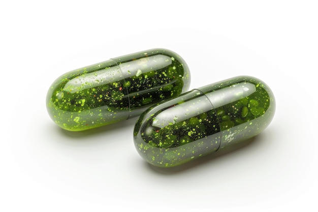 Close up Twee Herb poeder capsules geïsoleerd op witte achtergrond Clipping pad