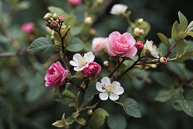 Close up of twigs with flowers and leaves