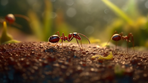 A close up of two ant on a piece of wood.