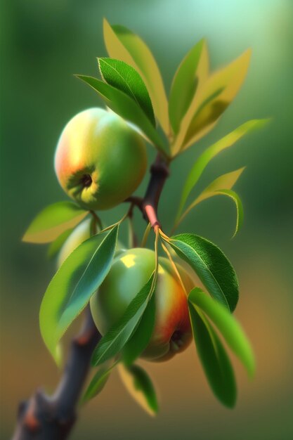 Close up of two apples on a tree branch generative ai