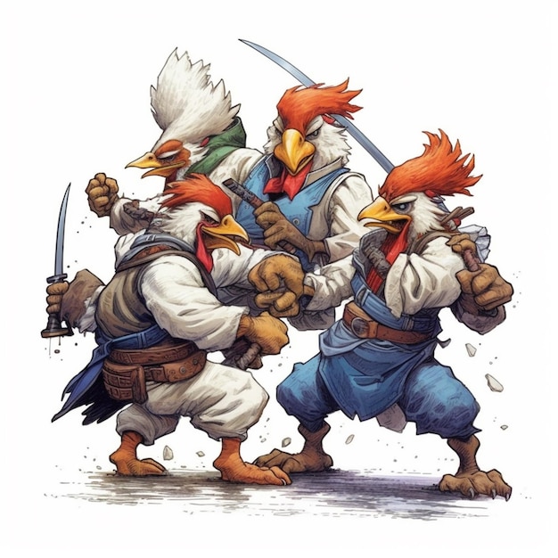 a close up of two birds fighting with swords in a cartoon generative ai