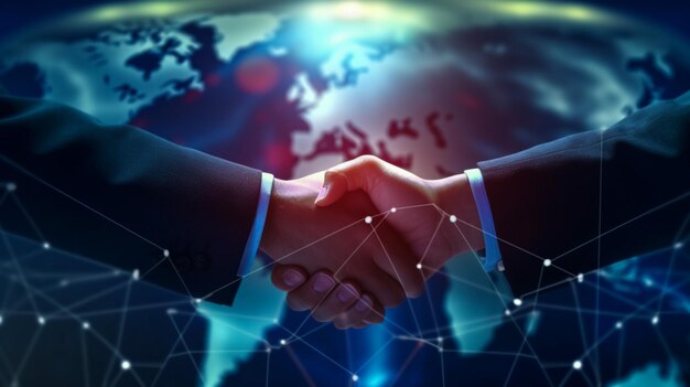 Close up of two businessmen shaking hands in blurry city with double exposure of financial diagrams