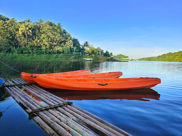 Close up of two canoes floating on Sermo reservoir