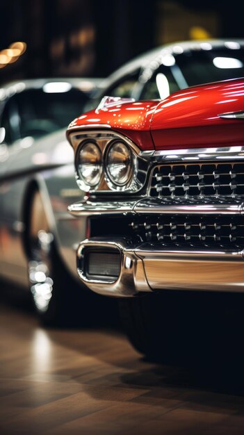 a close up of two classic cars in a showroom