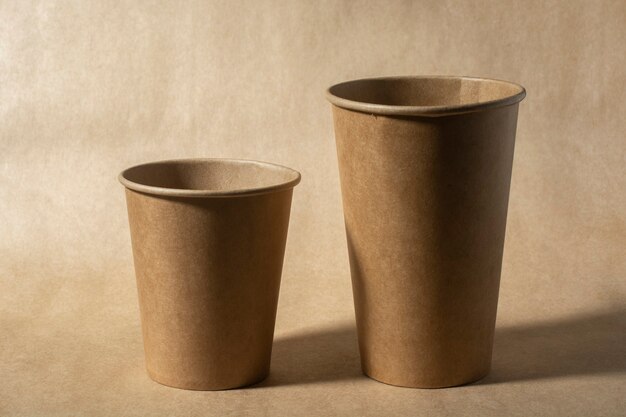 Close-up of two disposable paper cups of various sizes.