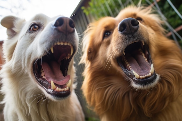 Photo close up of two dogs barking loudly face to face