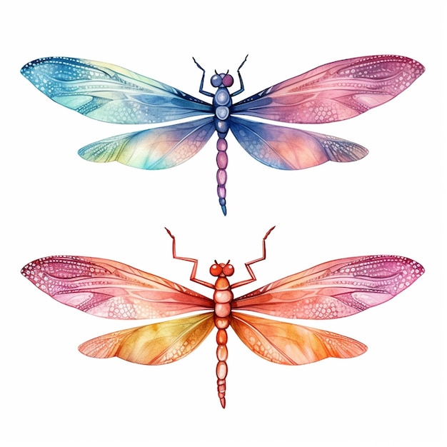 a close up of two dragonflies with different colors on their wings generative ai