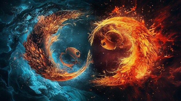 A close up of two fire and water swirls in a spiral generative ai