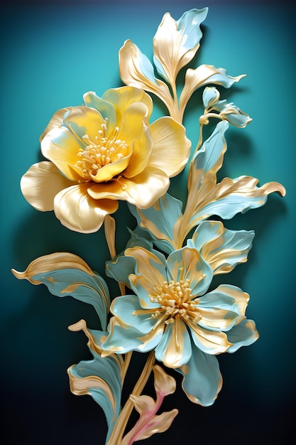 파란색 배경에 두 개의 꽃이 가까이 있는 청록색 꽃의 구아슈 그림