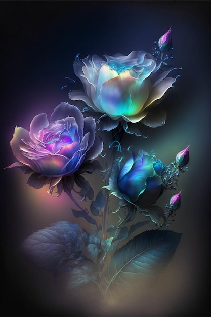 Close up of two flowers on a dark background generative ai