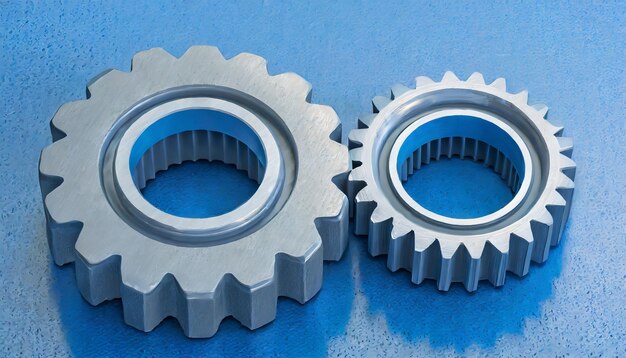 A close up of two gears on a blue surface