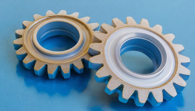 A close up of two gears on a blue surface