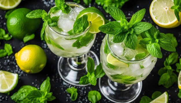 Photo a close up of two glasses of cocktails with ice and limes