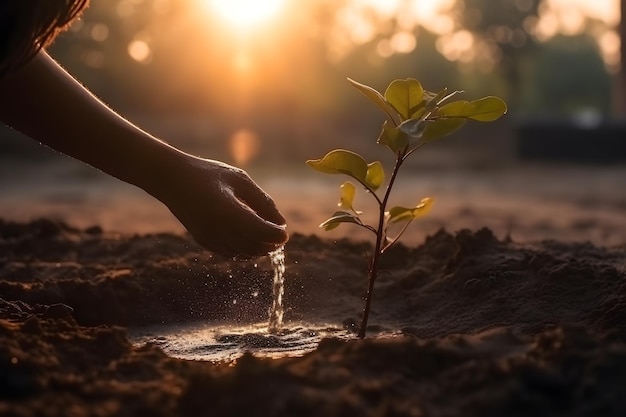 Close up of two hands holding water and watering sapling to grow at morning sunrise generative ai