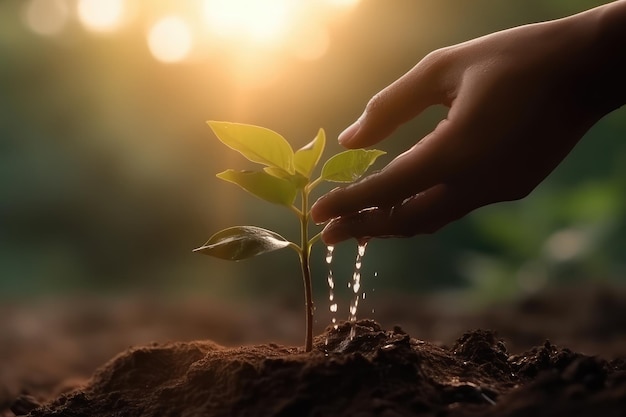 close up two hands holding water and watering young tree AI