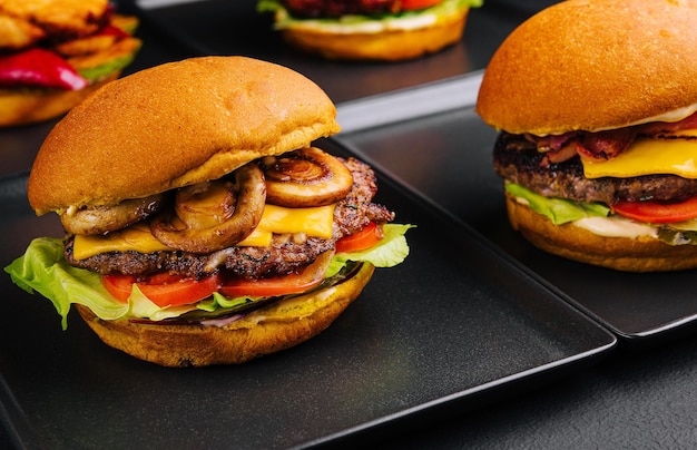 Close up of two homemade hamburgers