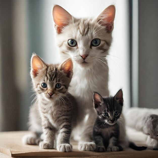 Close up of two kitten with cat sitting on the with kittens