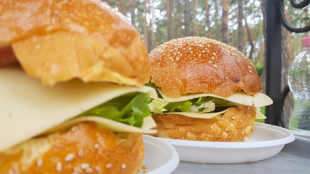 Close-up of two large DIY hamburgers in the park on a barbecue, rest and cooking on a picnic in the summer, food, delicious, bright colors. Unhealthy food concept. Fast food.