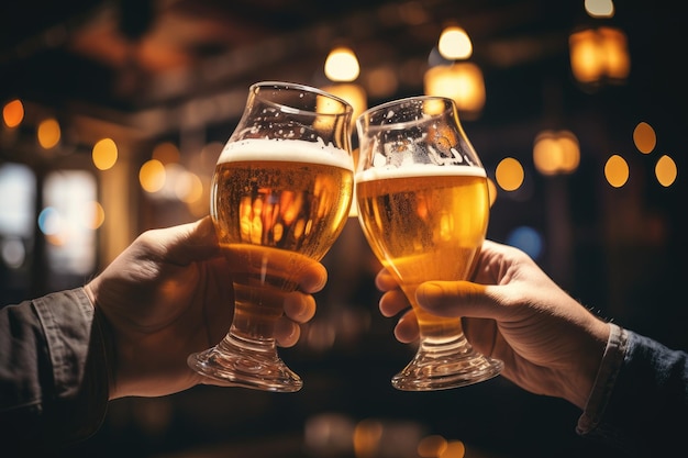 Close up of two male hands clinking glasses with beer in pub Closeup view of two glasses of beer in hand Beer glasses clinking in bars or pub AI Generated