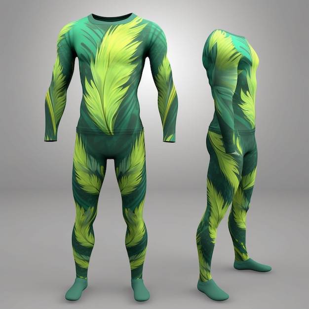 a close up of two men in body suits with green and yellow leaves generative ai