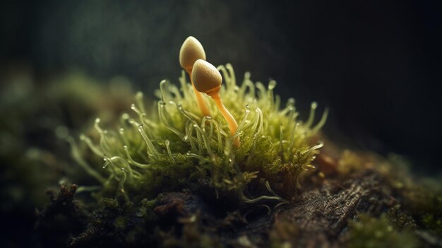 A close up of two mushrooms on a mossy surface