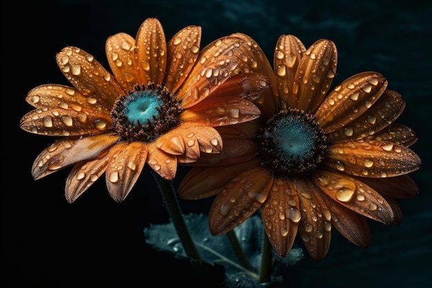 A close up of two orange flowers with water droplets on them