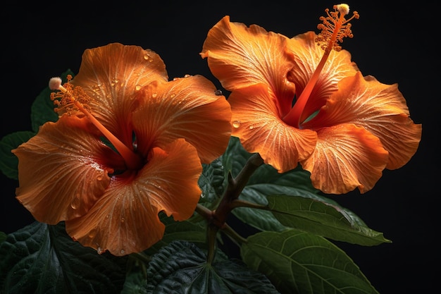 A close up of two orange hibiscus flowers