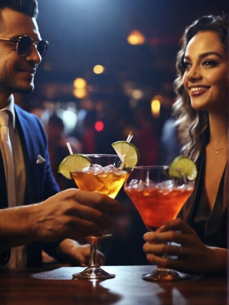 Foto close up di due persone che applaudono i cocktail in un bar o in un discoteca.
