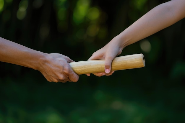 Close Up of Two People Holding Hands Indoors Image of hands passing a baton representing succession planning in a business AI Generated