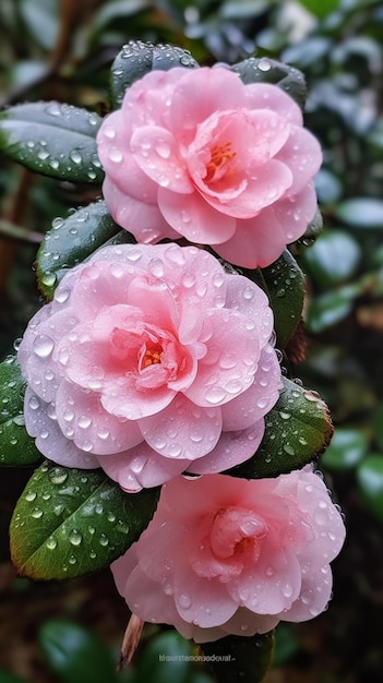 a close up of two pink flowers with water droplets on them generative ai