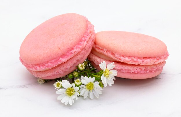 Close up of two pink macaroons or French macarons on white background