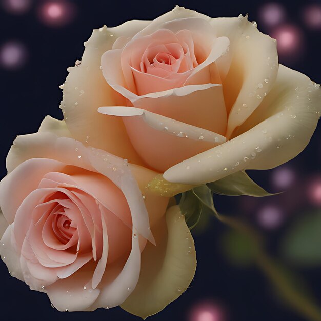 a close up of two pink roses with raindrops on them