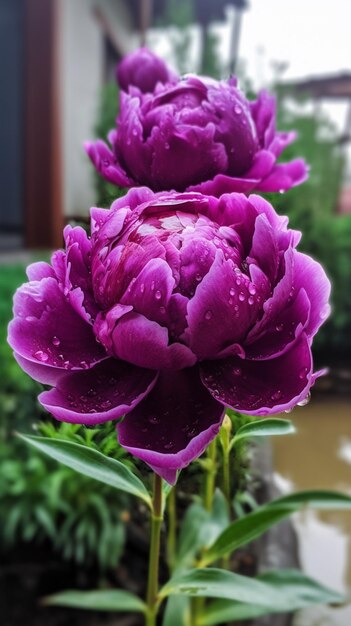 A close up of two purple peonies with the word peonies on the side