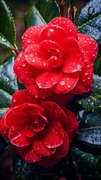 a close up of two red flowers with water droplets on them generative ai