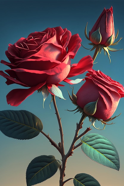 Close up of two red roses with green leaves generative ai