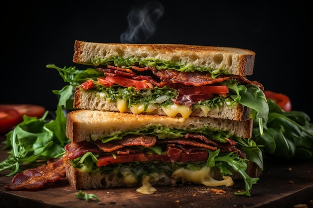 Photo close up of two sandwiches with bacon