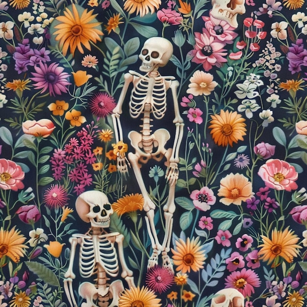 Близкий взгляд на два скелета, стоящих в поле цветов.