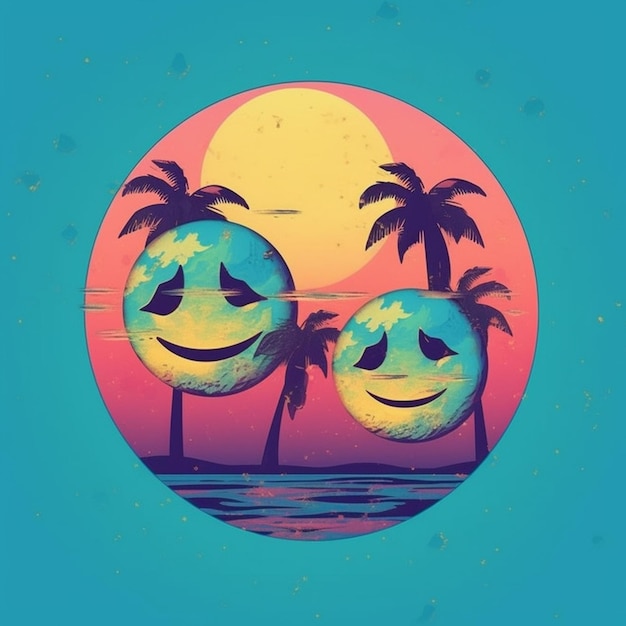 Photo a close up of two smiley faces on a beach with palm trees generative ai