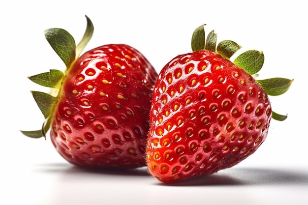 A close up of two strawberries on a white background