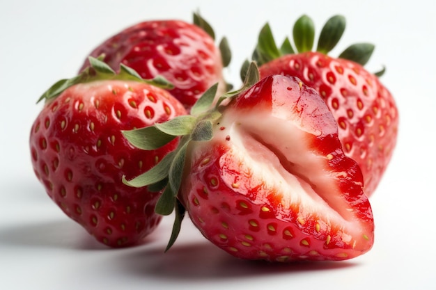 A close up of two strawberries on a white background